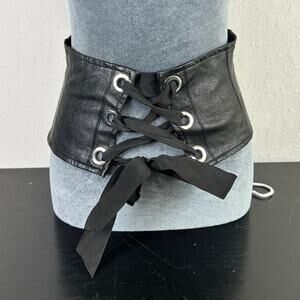 Black Fax Leather- USA SZ 30- corset waist belt ties- silver hardware- spreowned